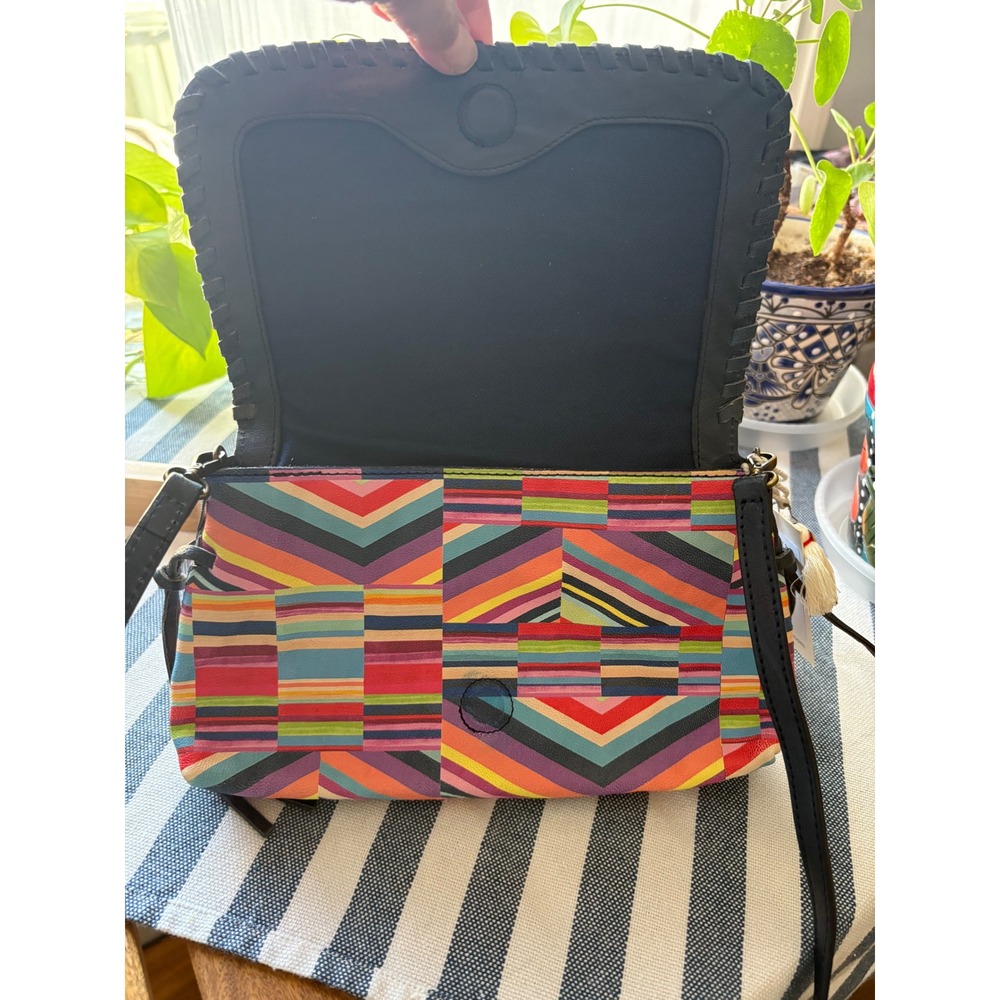 Johnny Was Multi Stripe Italian Leather Crossbody Bag Whipstitch R06623-5 NEW - Picture 3 of 5